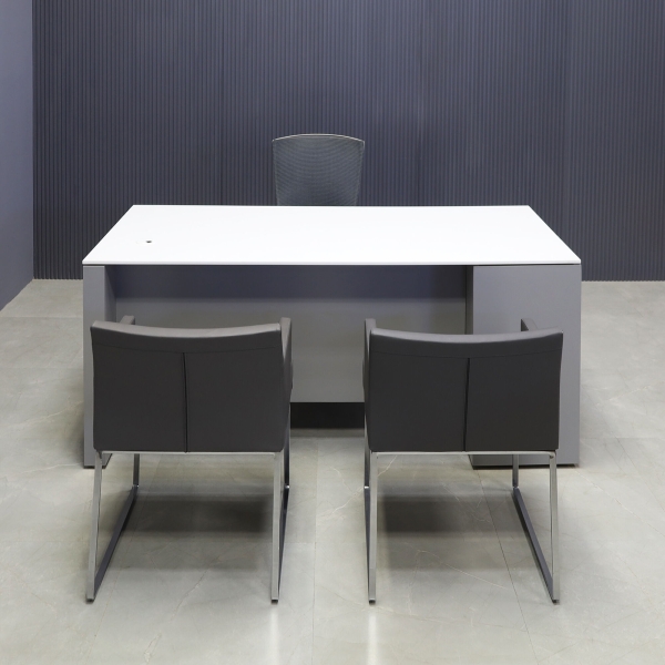 72-inch Denver Straight Executive Desk W/ left side cabinet when sitting, in 1/2-inch white solid engineered surface top and fog gray matte laminate finish base, cabinet & privacy panel.