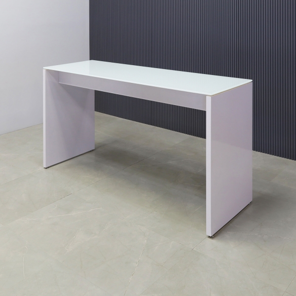 72-inch Ashville Bar Table in 1/2-inch white tempered glass top and white gloss laminate base.