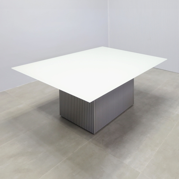 72-inch Omaha Rectangular Conference Table in 1/2-inch white tempered glass top, and fog gray tambour base.