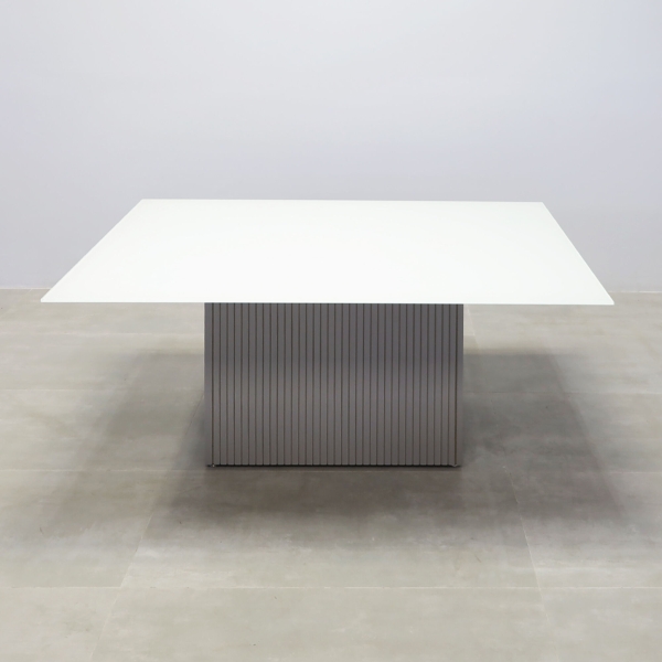 72-inch Omaha Rectangular Conference Table in 1/2-inch white tempered glass top, and fog gray tambour base.