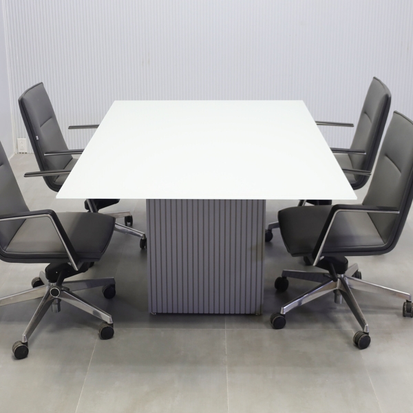 72-inch Omaha Rectangular Conference Table in 1/2-inch white tempered glass top, and fog gray tambour base.