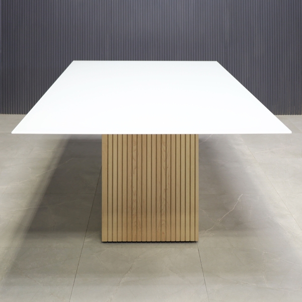 72-inch Omaha Rectangular Conference Table in 1/2-inch white tempered glass top and maple veneer tambour base.