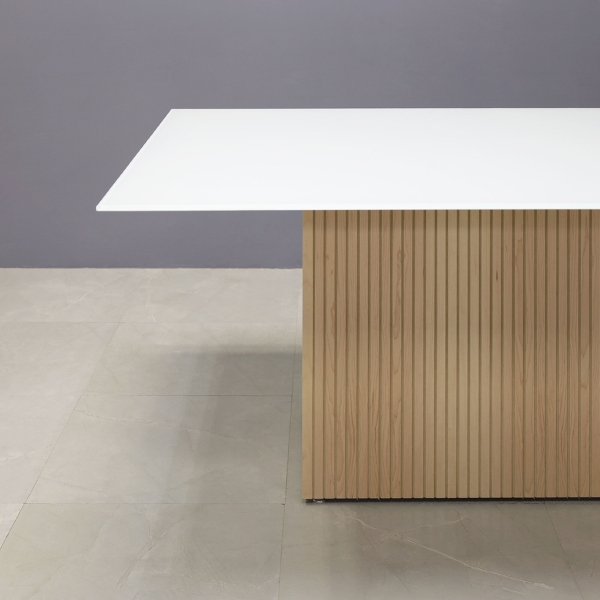 72-inch Omaha Rectangular Conference Table in 1/2-inch white tempered glass top and maple veneer tambour base.