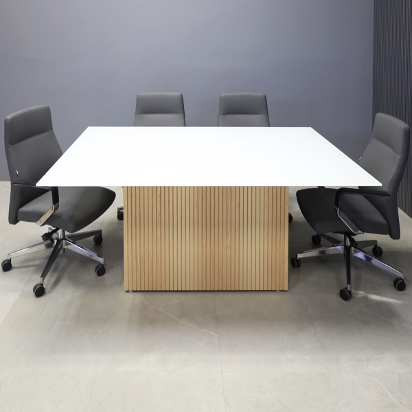 72-inch Omaha Rectangular Conference Table in 1/2-inch white tempered glass top and maple veneer tambour base.