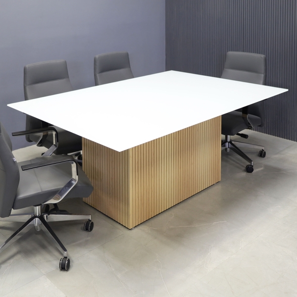 72-inch Omaha Rectangular Conference Table in 1/2-inch white tempered glass top and maple veneer tambour base.