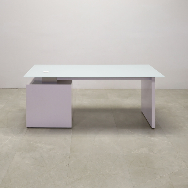 72-inch Avenue Straight Executive Desk in 1/2-inch white tempered glass top, and white gloss laminate storage on the right side when sitting and base.