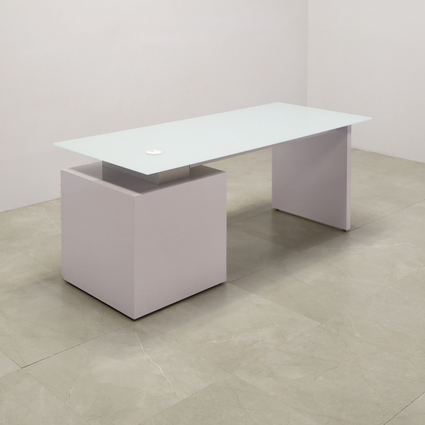 72-inch Avenue Straight Executive Desk in 1/2-inch white tempered glass top, and white gloss laminate storage on the right side when sitting and base.