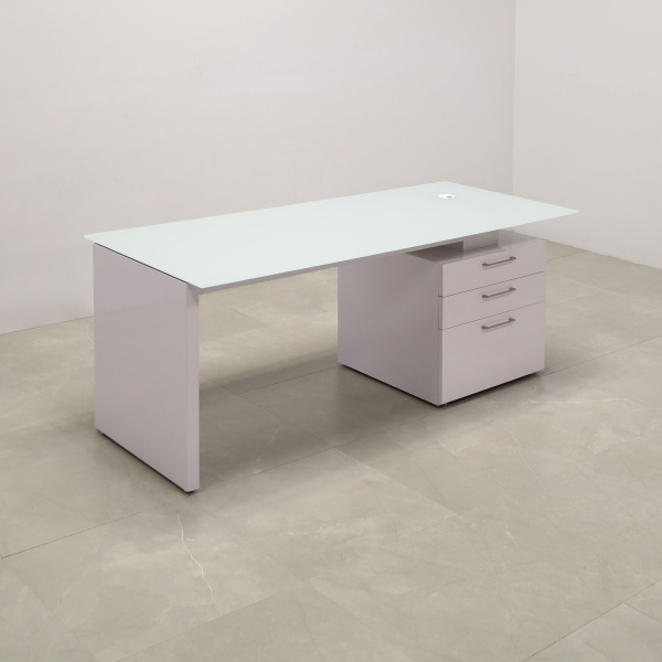 72-inch Avenue Straight Executive Desk in 1/2-inch white tempered glass top, and white gloss laminate storage on the right side when sitting and base.