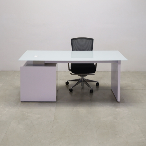 72-inch Avenue Straight Executive Desk in 1/2-inch white tempered glass top, and white gloss laminate storage on the right side when sitting and base.