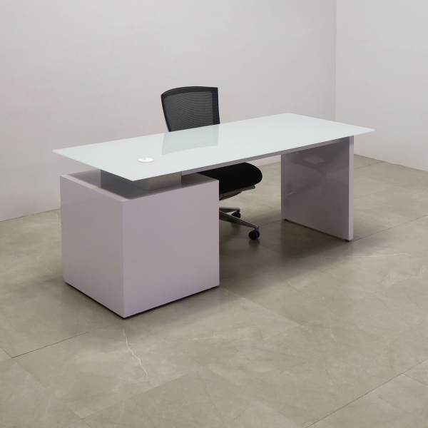 72-inch Avenue Straight Executive Desk in 1/2-inch white tempered glass top, and white gloss laminate storage on the right side when sitting and base.