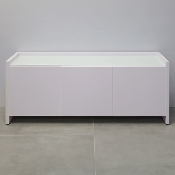 72-inch Aspen Storage Credenza in 1/2-inch white tempered glass top, and white gloss laminate credenza & doors.