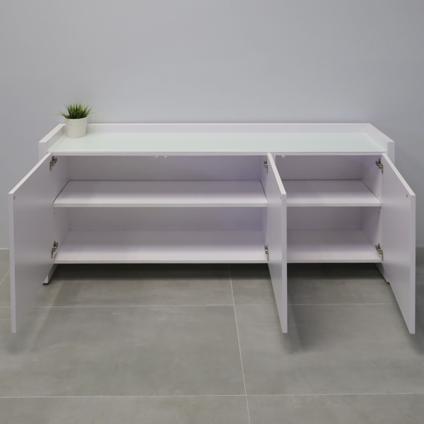 72-inch Aspen Storage Credenza in 1/2-inch white tempered glass top, and white gloss laminate credenza & doors.