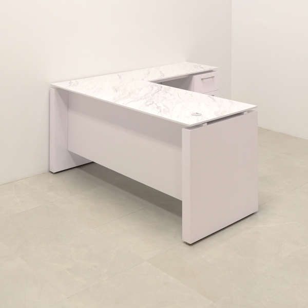 72-inch Denver L-Shape W/ Cabinet Executive Desk In 1/2-inch calcutta blanc engineered surface top and white matte laminate base and storage, with two pull-out drawers and one file cabinet.