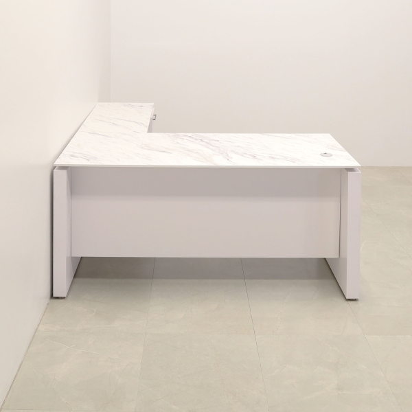 72-inch Denver L-Shape W/ Cabinet Executive Desk In 1/2-inch calcutta blanc engineered surface top and white matte laminate base and storage, with two pull-out drawers and one file cabinet.