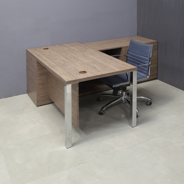72-inch Dallas Executive Desk with credenza on the right side when sitting, in walnut heights matte laminate top, credenza & privacy panel, and chromed aluminum legs, shown here.