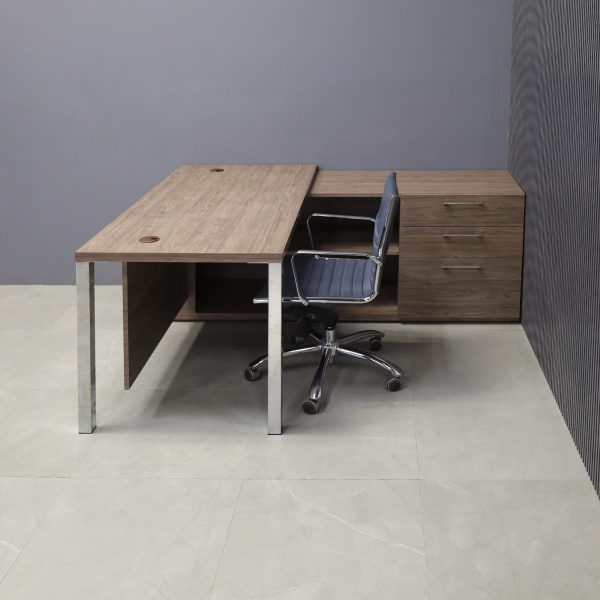 72-inch Dallas Executive Desk with credenza on the right side when sitting, in walnut heights matte laminate top, credenza & privacy panel, and chromed aluminum legs, shown here.