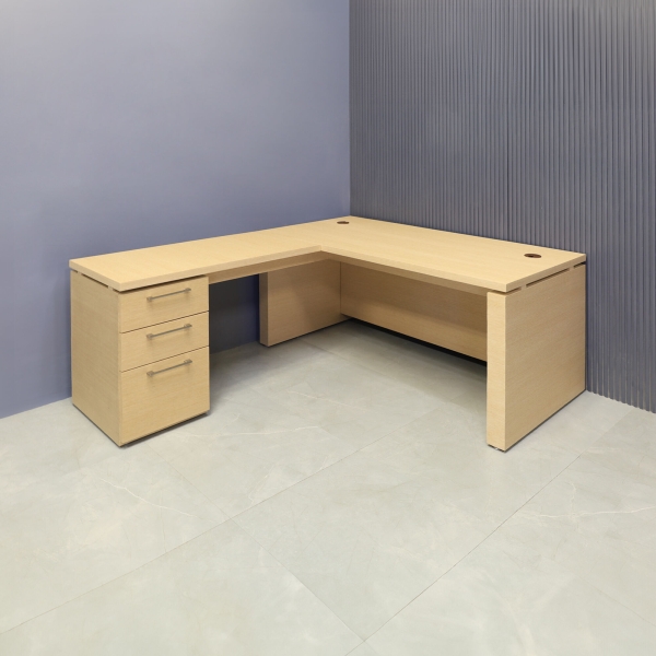 72-inch Denver L-Shape Executive Desk with cabinet & return on the left side when sitting, in maple veneer top, base, cabinet & privacy panel, shown here.