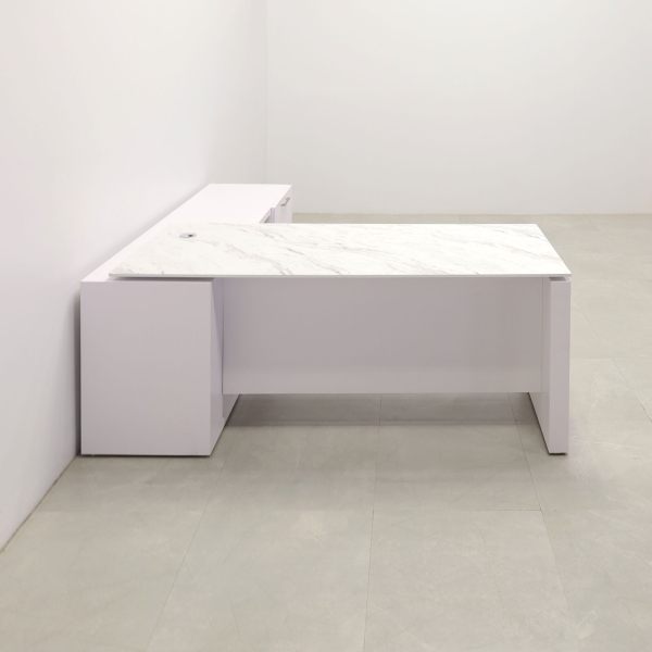 72-inch Denver Straight W/ Credenza Executive Desk in 1/2-inch calcutta blanc engineered surface top, and white matte laminate base, credenza, & privacy panel.