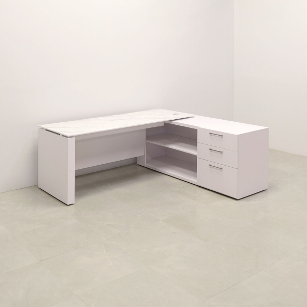 72-inch Denver Straight W/ Credenza Executive Desk in 1/2-inch calcutta blanc engineered surface top, and white matte laminate base, credenza, & privacy panel.
