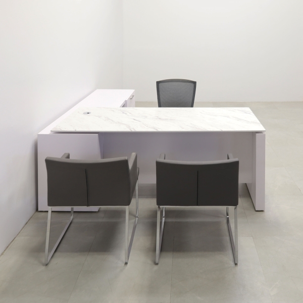 72-inch Denver Straight W/ Credenza Executive Desk in 1/2-inch calcutta blanc engineered surface top, and white matte laminate base, credenza, & privacy panel.