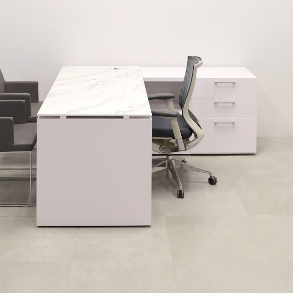 72-inch Denver Straight W/ Credenza Executive Desk in 1/2-inch calcutta blanc engineered surface top, and white matte laminate base, credenza, & privacy panel.
