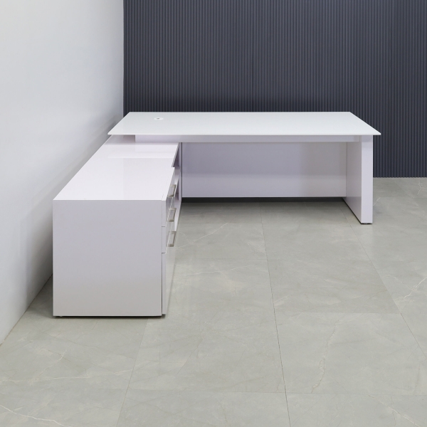 72-inch Avenue Straight W/ Cabinet Executive Desk in 1/2-inch white solid engineered surface top, and white gloss laminate base and credenza.