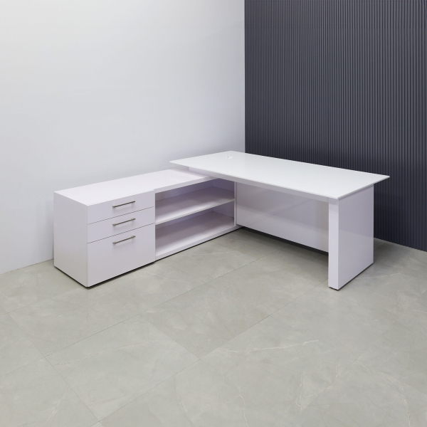 72-inch Avenue Straight W/ Cabinet Executive Desk in 1/2-inch white solid engineered surface top, and white gloss laminate base and credenza.