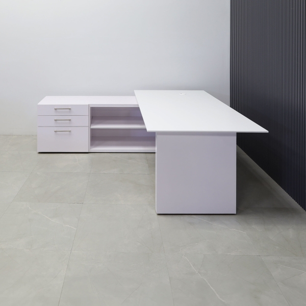 72-inch Avenue Straight W/ Cabinet Executive Desk in 1/2-inch white solid engineered surface top, and white gloss laminate base and credenza.