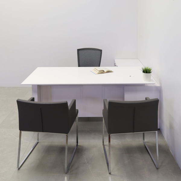 72-inch Avenue Straight W/ Cabinet Executive Desk in 1/2-inch white solid engineered surface top, and white gloss laminate base and credenza.
