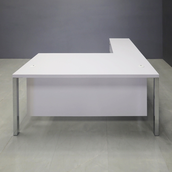 72-inch Dallas L-Shape W/ Cabinet in white gloss laminate top, base & privacy panel. with chromed legs.
