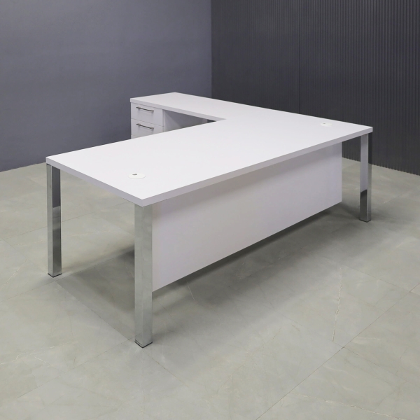 72-inch Dallas L-Shape W/ Cabinet in white gloss laminate top, base & privacy panel. with chromed legs.