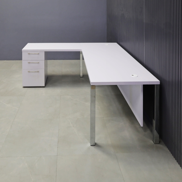 72-inch Dallas L-Shape W/ Cabinet in white gloss laminate top, base & privacy panel. with chromed legs.
