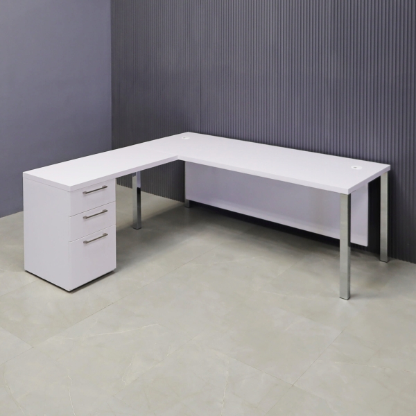72-inch Dallas L-Shape W/ Cabinet in white gloss laminate top, base & privacy panel. with chromed legs.