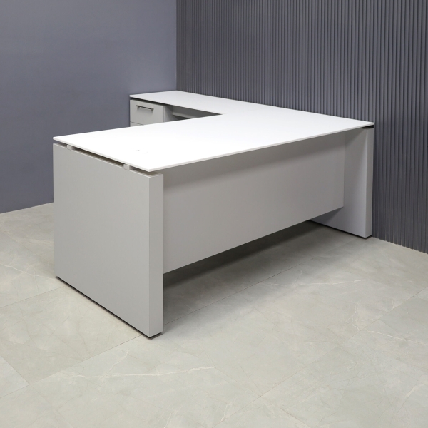 72-inch Denver L-Shape Executive Desk with Cabinet in 1/2-inch white solid engineered surface top and folkstone gray matte laminate on base, cabinet & privacy panel.