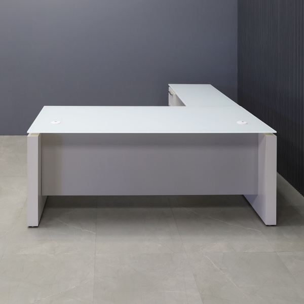 72-inch Denver L-Shape Executive Desk W/ Cabinet in 1/2-inch white tempered glass top, dover off-white matte laminate base & cabinet, and folkstone gray matte laminate  privacy panel.