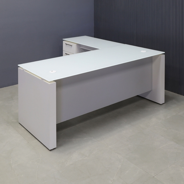 72-inch Denver L-Shape Executive Desk W/ Cabinet in 1/2-inch white tempered glass top, dover off-white matte laminate base & cabinet, and folkstone gray matte laminate  privacy panel.