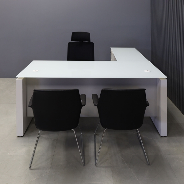 72-inch Denver L-Shape Executive Desk W/ Cabinet in 1/2-inch white tempered glass top, dover off-white matte laminate base & cabinet, and folkstone gray matte laminate  privacy panel.