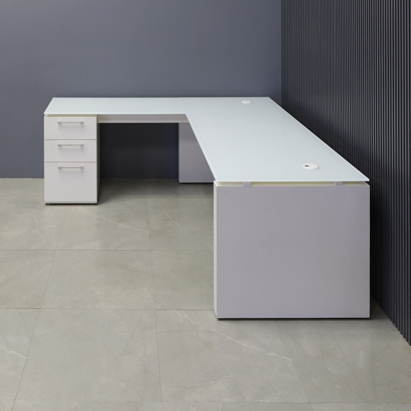 72-inch Denver L-Shape Executive Desk W/ Cabinet in 1/2-inch white tempered glass top, dover off-white matte laminate base & cabinet, and folkstone gray matte laminate  privacy panel.