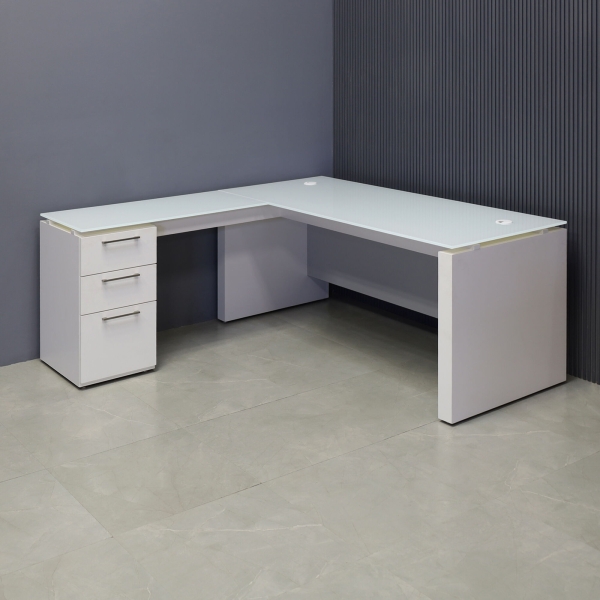 72-inch Denver L-Shape Executive Desk W/ Cabinet in 1/2-inch white tempered glass top, dover off-white matte laminate base & cabinet, and folkstone gray matte laminate  privacy panel.