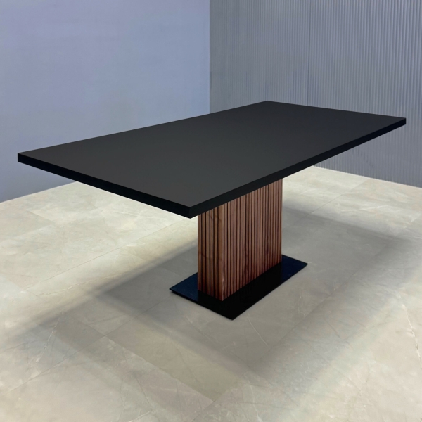 76-inch Newton Rectangular Conference Table in black traceless laminate top, and black stainless steel base covered in walnut tambour.