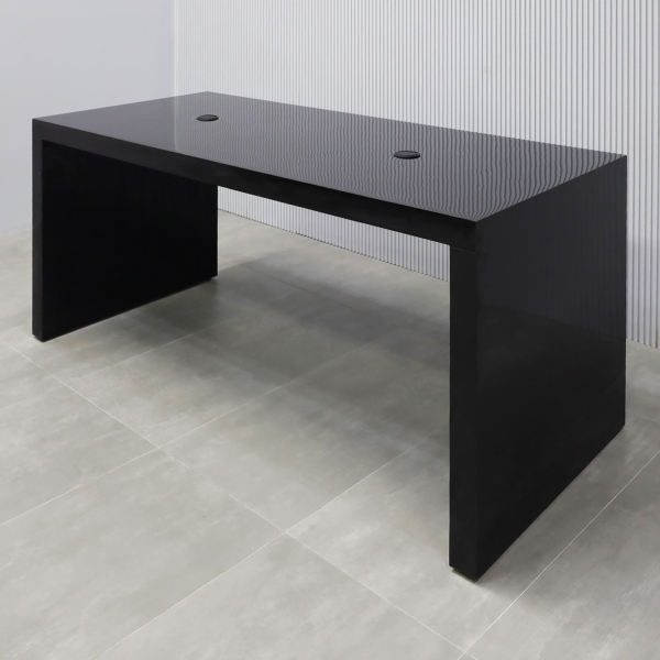 84-inch Ashville Laminate Collaboration Table in Black Gloss Laminate Finish, with two black MX1 power boxes.