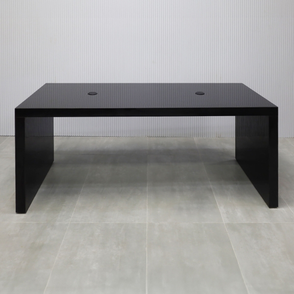 84-inch Ashville Laminate Collaboration Table in Black Gloss Laminate Finish, with two black MX1 power boxes.