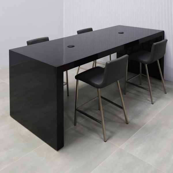 84-inch Ashville Laminate Collaboration Table in Black Gloss Laminate Finish, with two black MX1 power boxes.