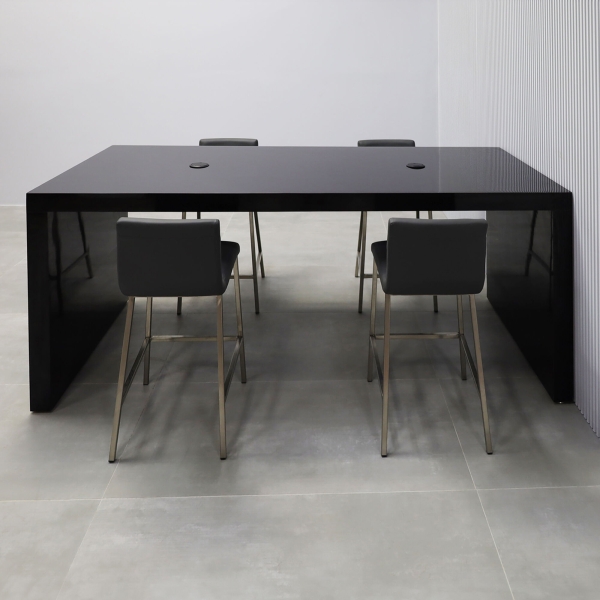 84-inch Ashville Laminate Collaboration Table in Black Gloss Laminate Finish, with two black MX1 power boxes.