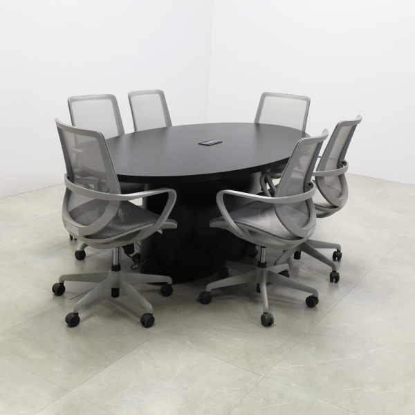 84-inch Newton Oval Conference Table With Laminate Top & base in black matte laminate, and black power box.