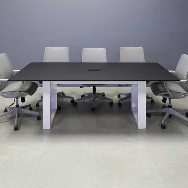 84-inch Aurora Rectangular Conference Table in 1/2-inch black traceless engineered surface top, white metal u legs powder coated, and black MX3 power box.