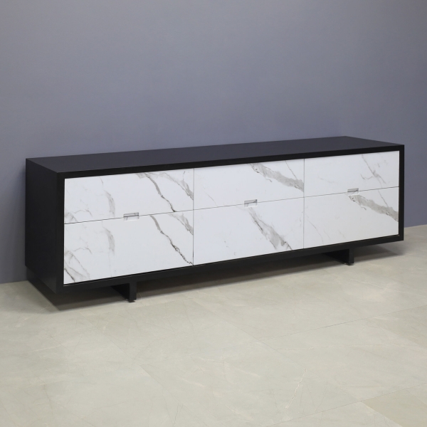 84-inch Seattle storage credenza in black traceless laminate credenza, and calcutta stone PVC doors.