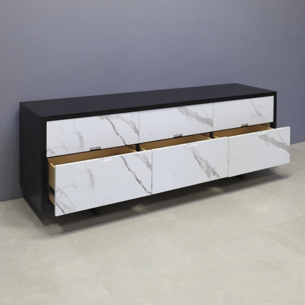 84-inch Seattle storage credenza in black traceless laminate credenza, and calcutta stone PVC doors.