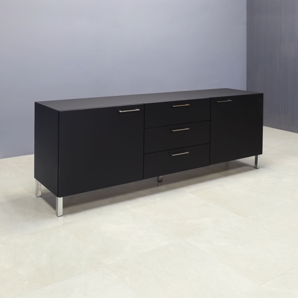 84-inch Naples Custom Storage Credenza in black traceless laminate credenza, and front drawers & doors, with brushed legs.