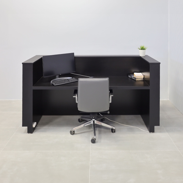 84-inch Dallas U-Shape Custom Reception Desk in black traceless tambour main desk, black matte laminate workspace & toe-kick, and warm white LED.
